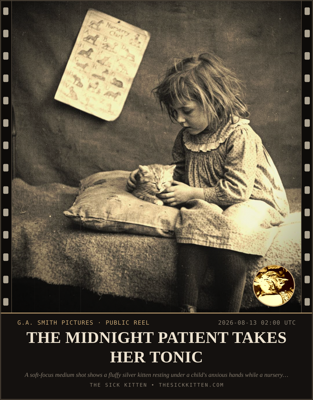 The Sick Kitten, frame no. 888: THE MIDNIGHT PATIENT TAKES HER TONIC