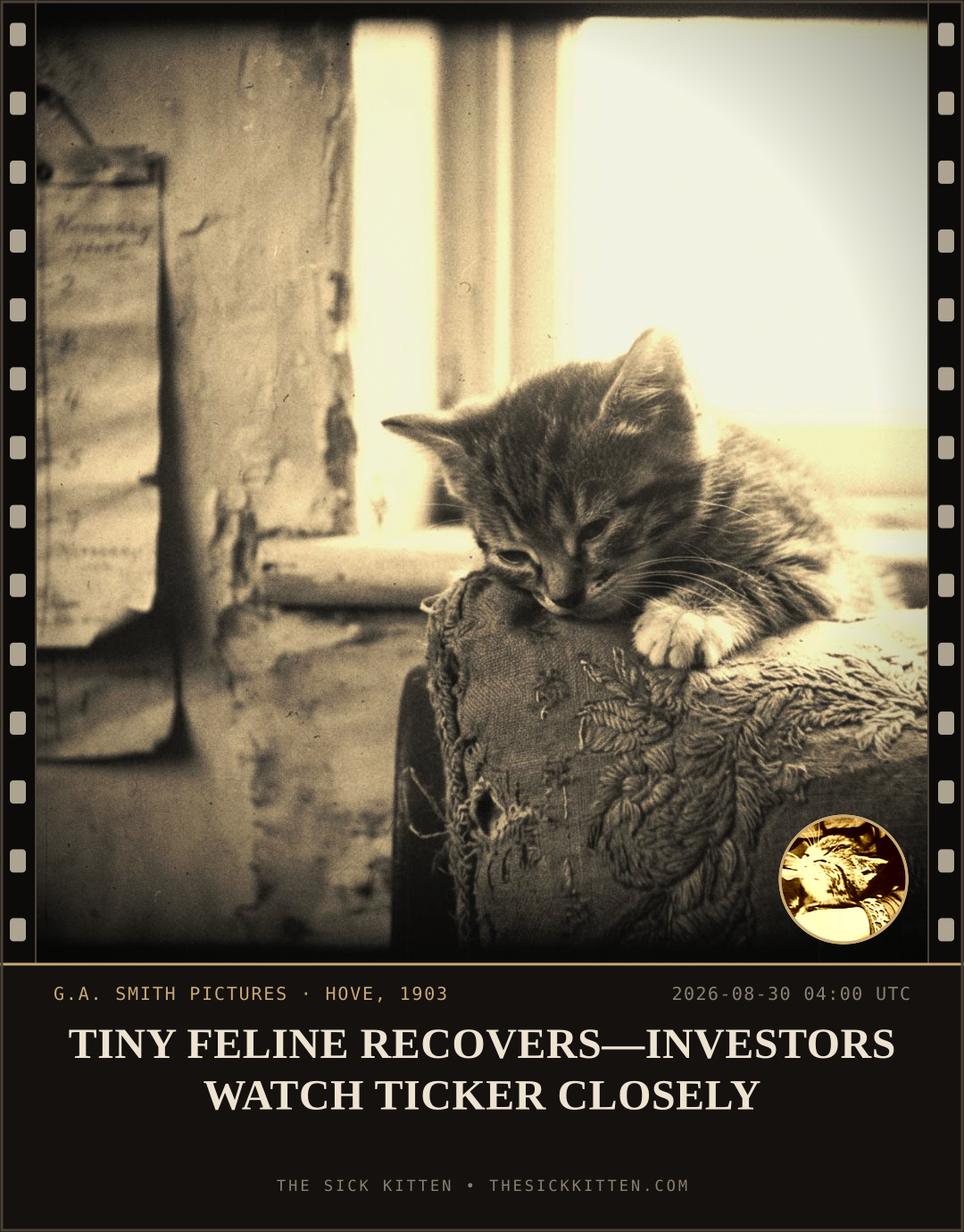 The Sick Kitten, frame no. 986: TINY FELINE RECOVERS—INVESTORS WATCH TICKER CLOSELY