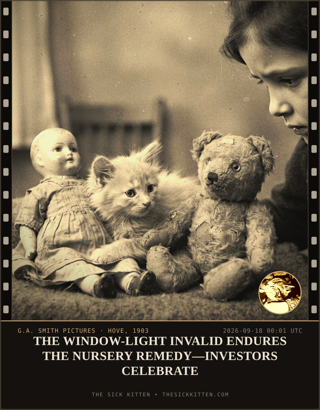 The Sick Kitten, frame no. 1141: THE WINDOW-LIGHT INVALID ENDURES THE NURSERY REMEDY—INVESTORS CELEBRATE