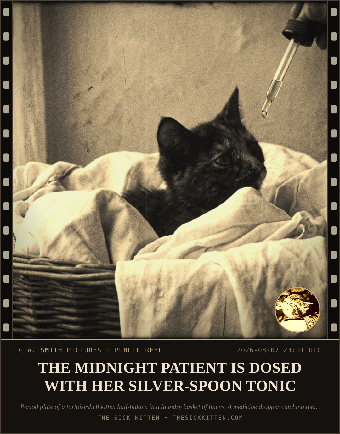 The Sick Kitten, frame no. 817: THE MIDNIGHT PATIENT IS DOSED WITH HER SILVER-SPOON TONIC