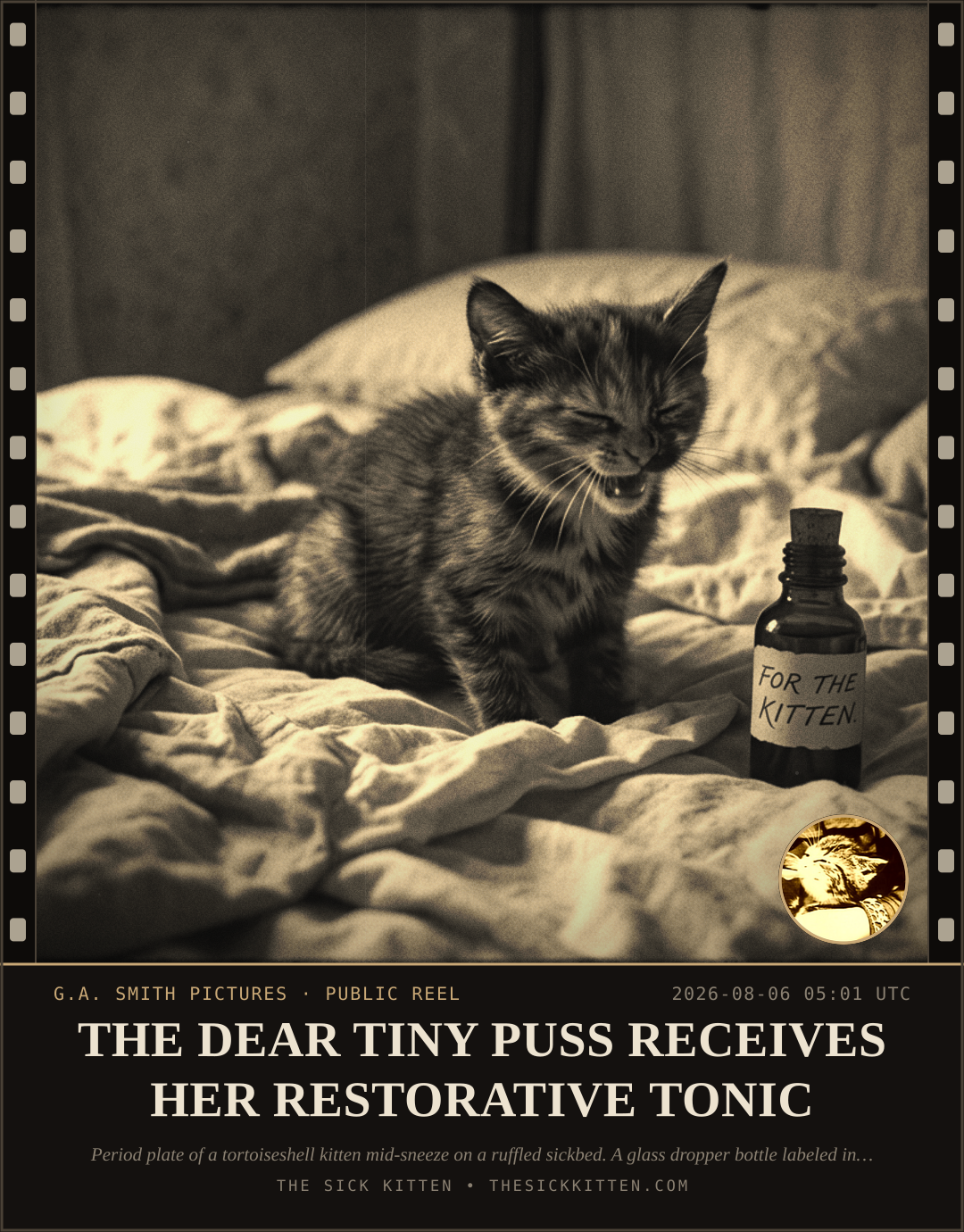 The Sick Kitten, frame no. 736: THE DEAR TINY PUSS RECEIVES HER RESTORATIVE TONIC