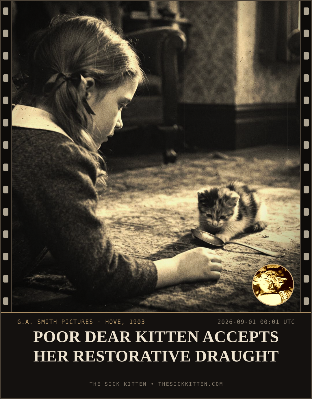 The Sick Kitten, frame no. 997: POOR DEAR KITTEN ACCEPTS HER RESTORATIVE DRAUGHT