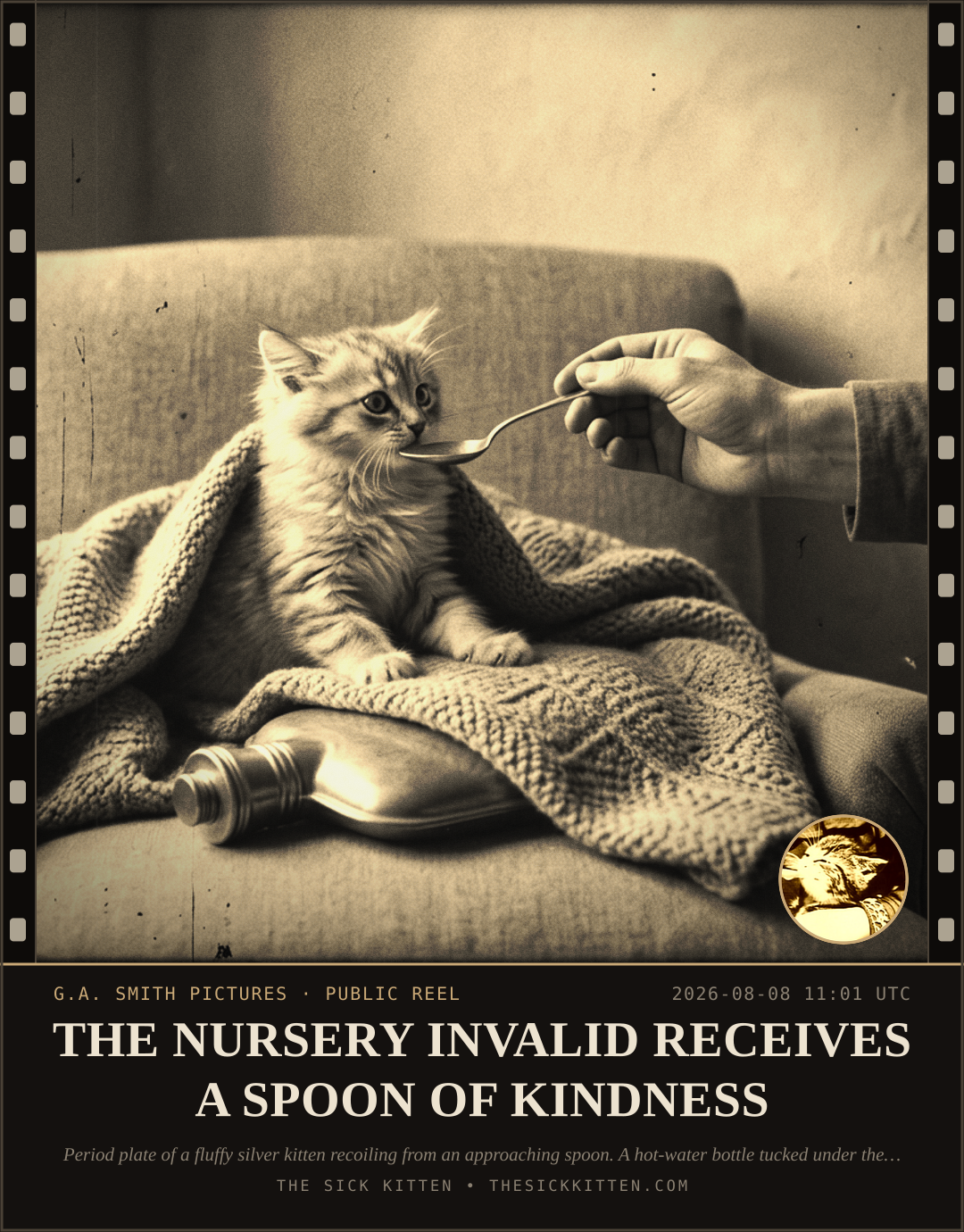 The Sick Kitten, frame no. 838: THE NURSERY INVALID RECEIVES A SPOON OF KINDNESS