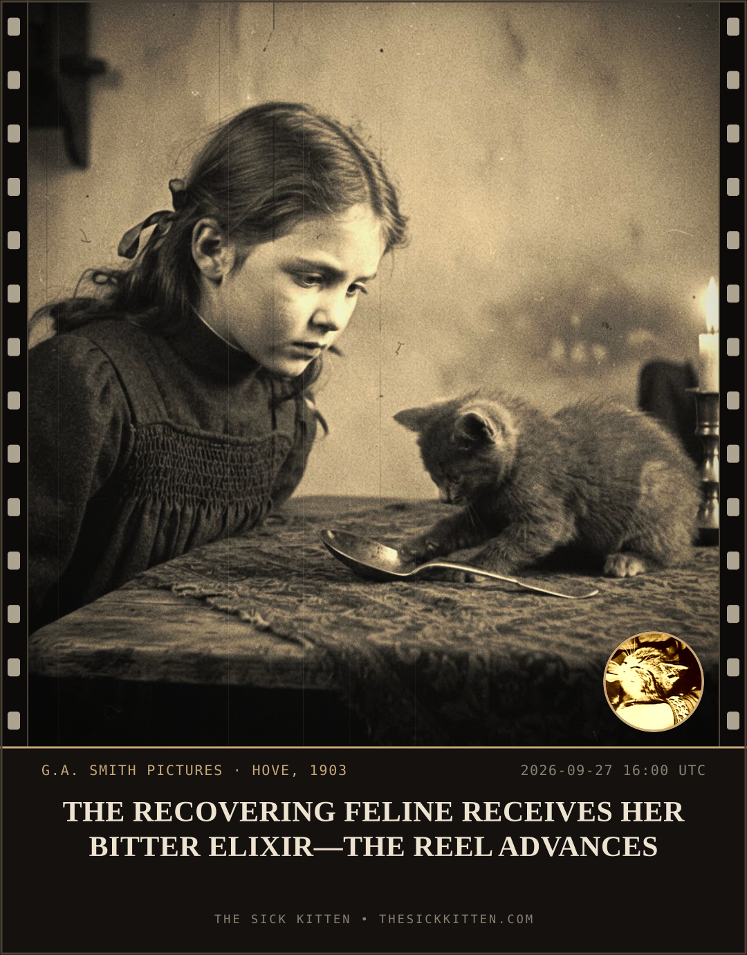 The Sick Kitten, frame no. 1225: THE RECOVERING FELINE RECEIVES HER BITTER ELIXIR—THE REEL ADVANCES