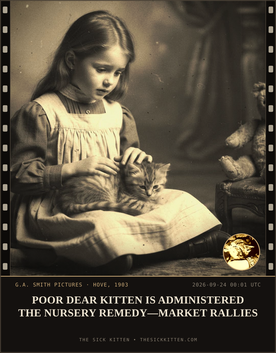 The Sick Kitten, frame no. 1197: POOR DEAR KITTEN IS ADMINISTERED THE NURSERY REMEDY—MARKET RALLIES