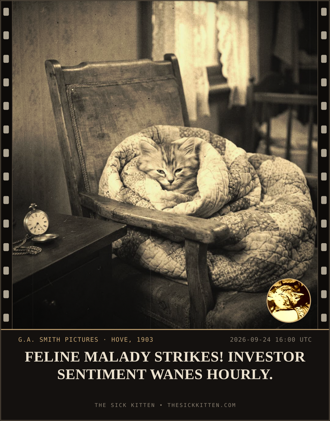 The Sick Kitten, frame no. 1201: FELINE MALADY STRIKES! INVESTOR SENTIMENT WANES HOURLY.