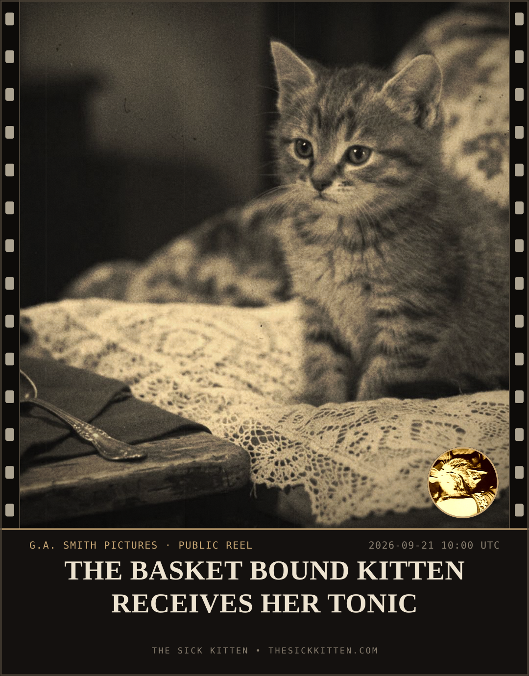 The Sick Kitten, frame no. 1172: THE BASKET BOUND KITTEN RECEIVES HER TONIC