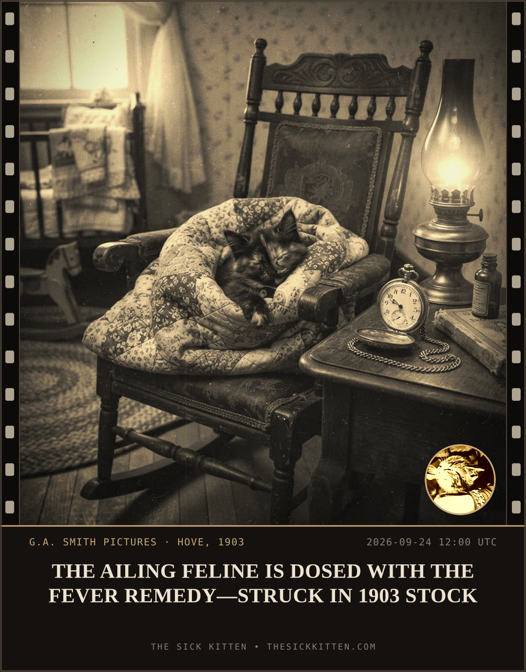 The Sick Kitten, frame no. 1200: THE AILING FELINE IS DOSED WITH THE FEVER REMEDY—STRUCK IN 1903 STOCK