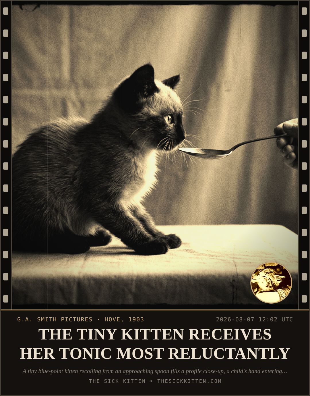 The Sick Kitten, frame no. 796: THE TINY KITTEN RECEIVES HER TONIC MOST RELUCTANTLY