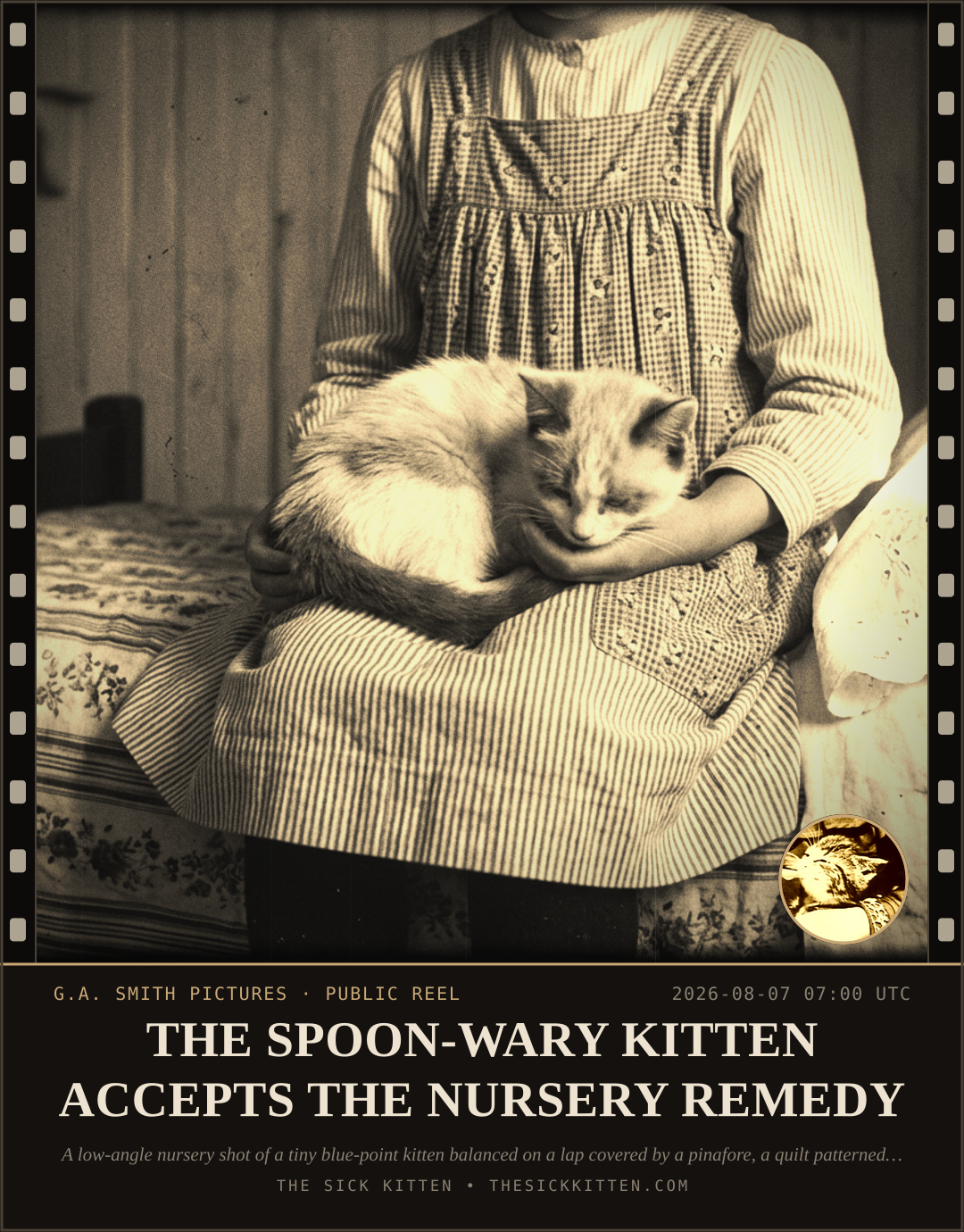 The Sick Kitten, frame no. 787: THE SPOON-WARY KITTEN ACCEPTS THE NURSERY REMEDY