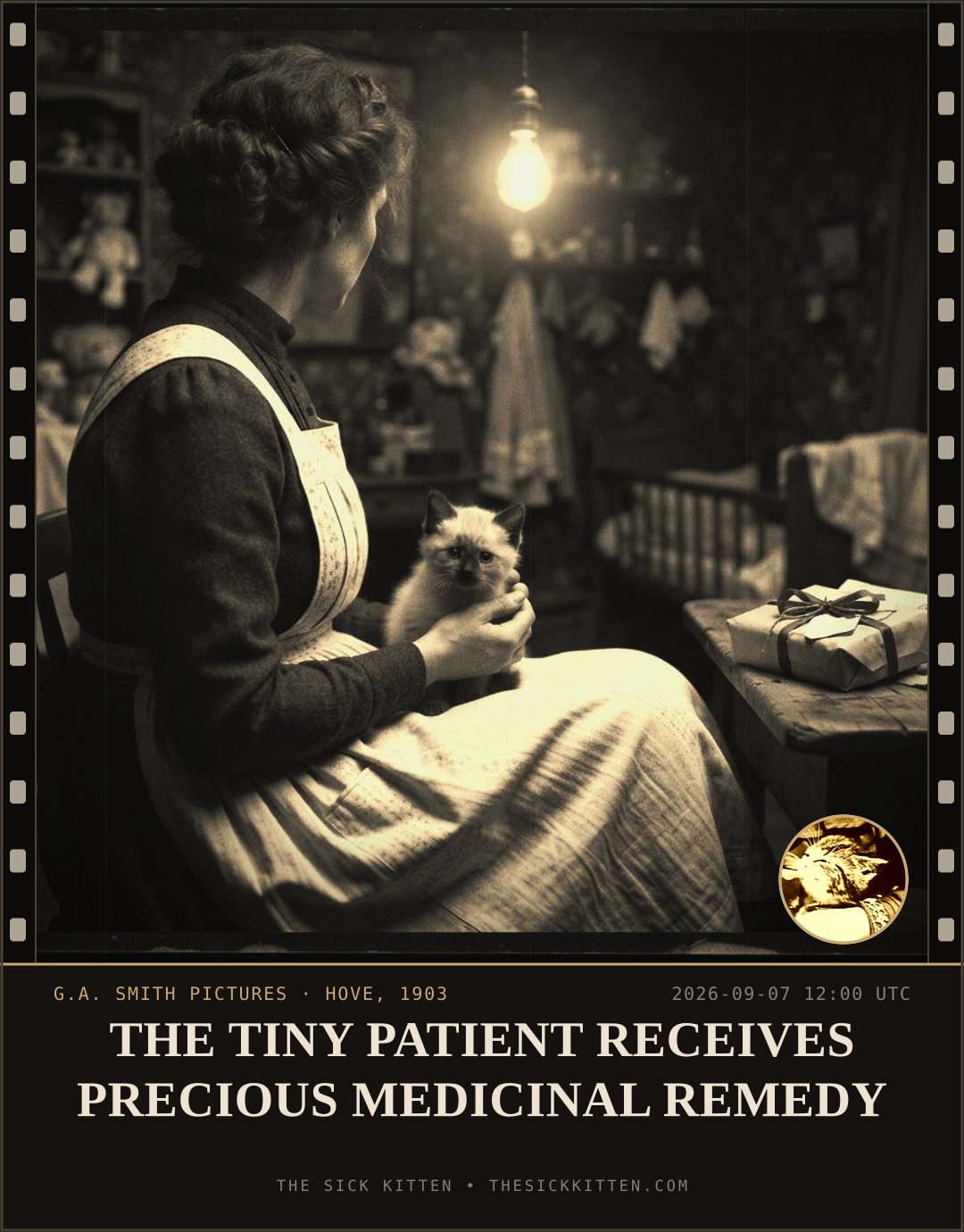 The Sick Kitten, frame no. 1054: THE TINY PATIENT RECEIVES PRECIOUS MEDICINAL REMEDY
