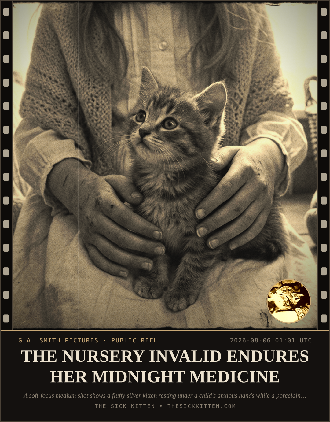 The Sick Kitten, frame no. 728: THE NURSERY INVALID ENDURES HER MIDNIGHT MEDICINE
