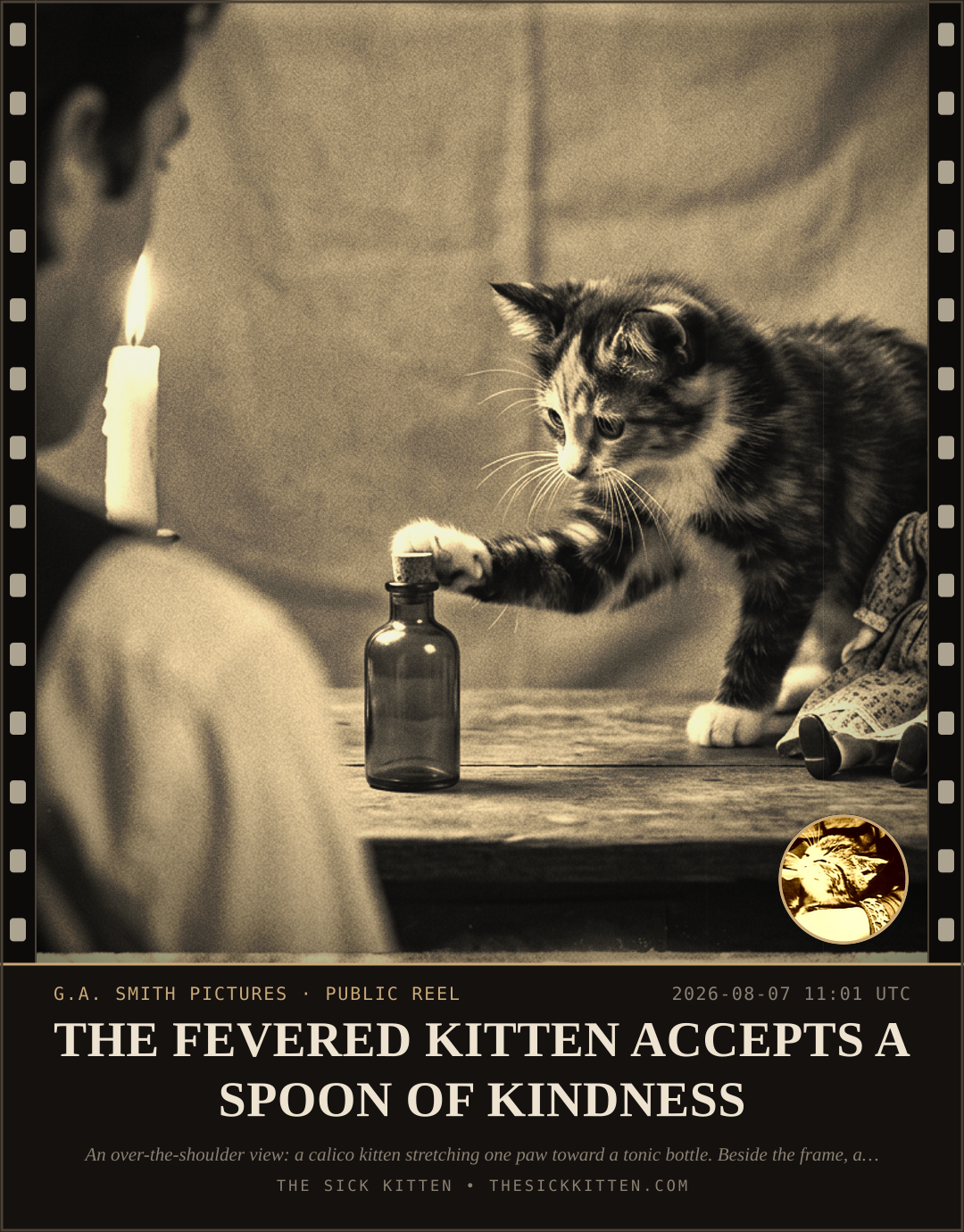The Sick Kitten, frame no. 793: THE FEVERED KITTEN ACCEPTS A SPOON OF KINDNESS