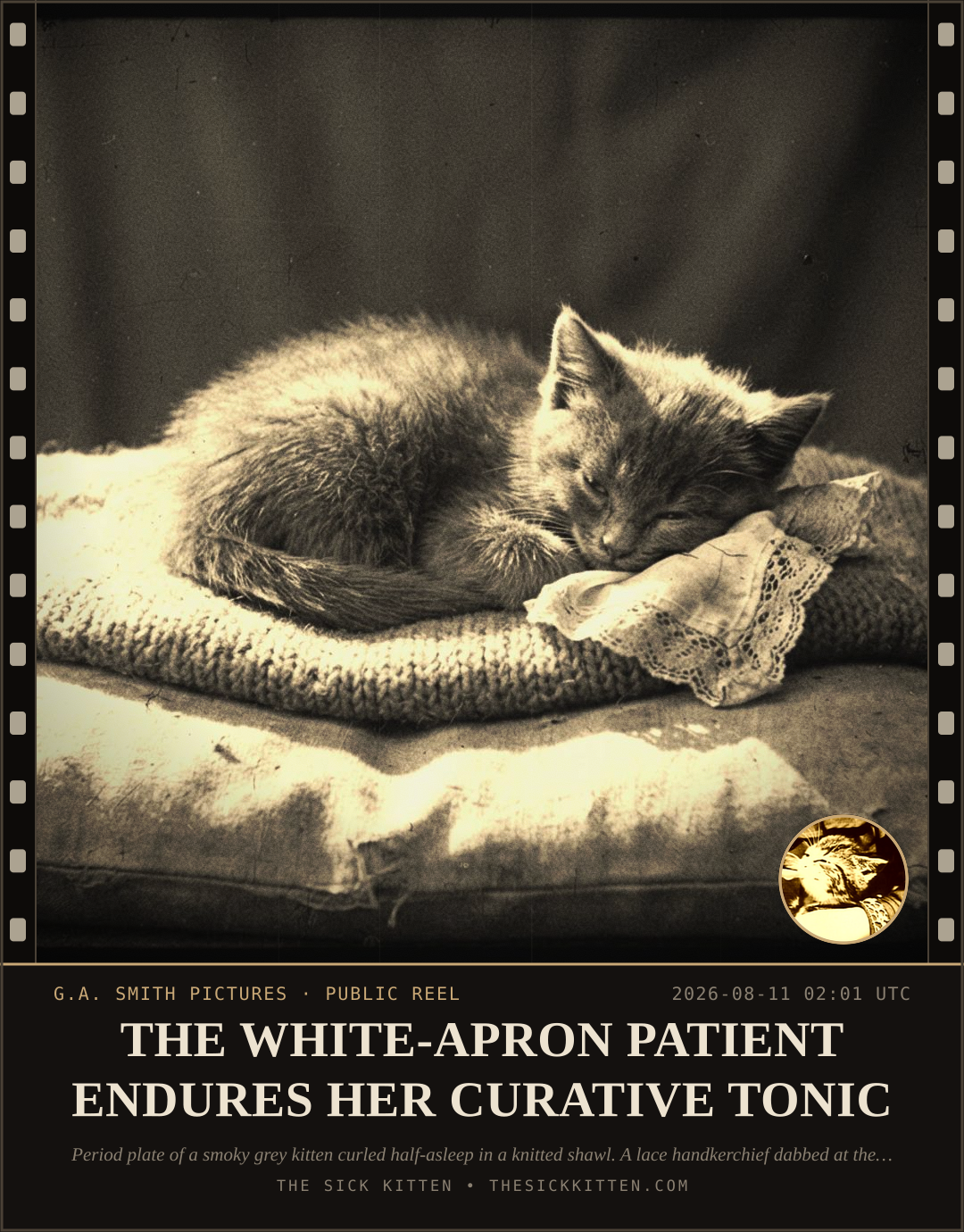 The Sick Kitten, frame no. 869: THE WHITE-APRON PATIENT ENDURES HER CURATIVE TONIC