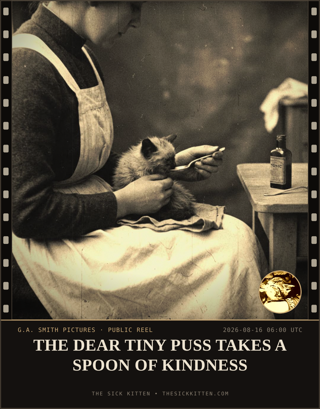 The Sick Kitten, frame no. 914: THE DEAR TINY PUSS TAKES A SPOON OF KINDNESS