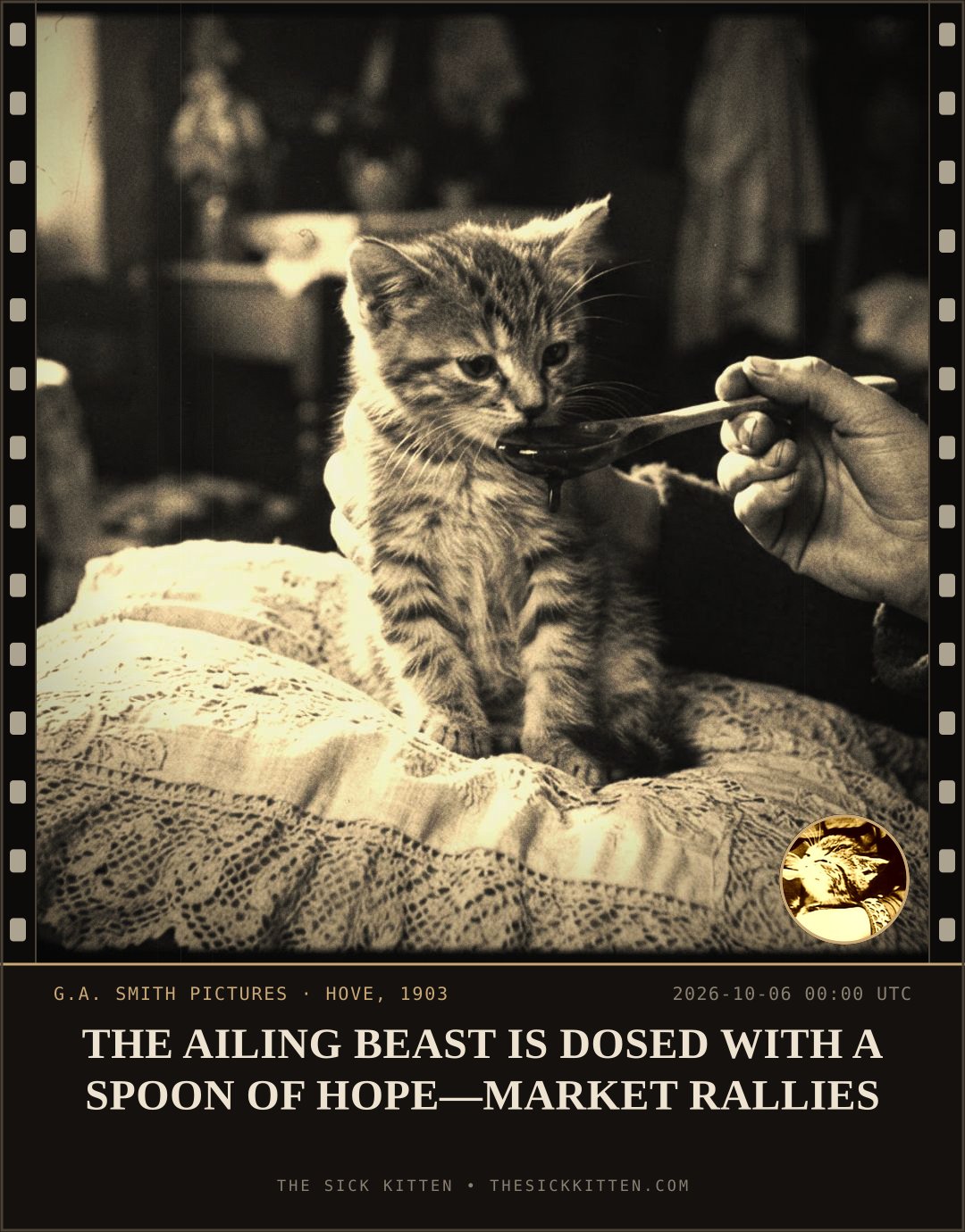 The Sick Kitten, frame no. 1262: THE AILING BEAST IS DOSED WITH A SPOON OF HOPE—MARKET RALLIES