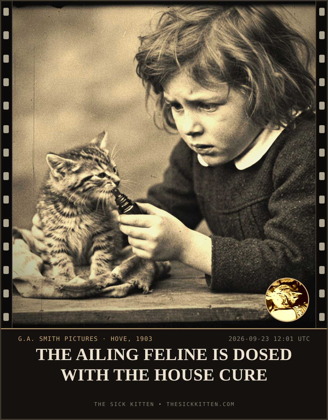 The Sick Kitten, frame no. 1193: THE AILING FELINE IS DOSED WITH THE HOUSE CURE