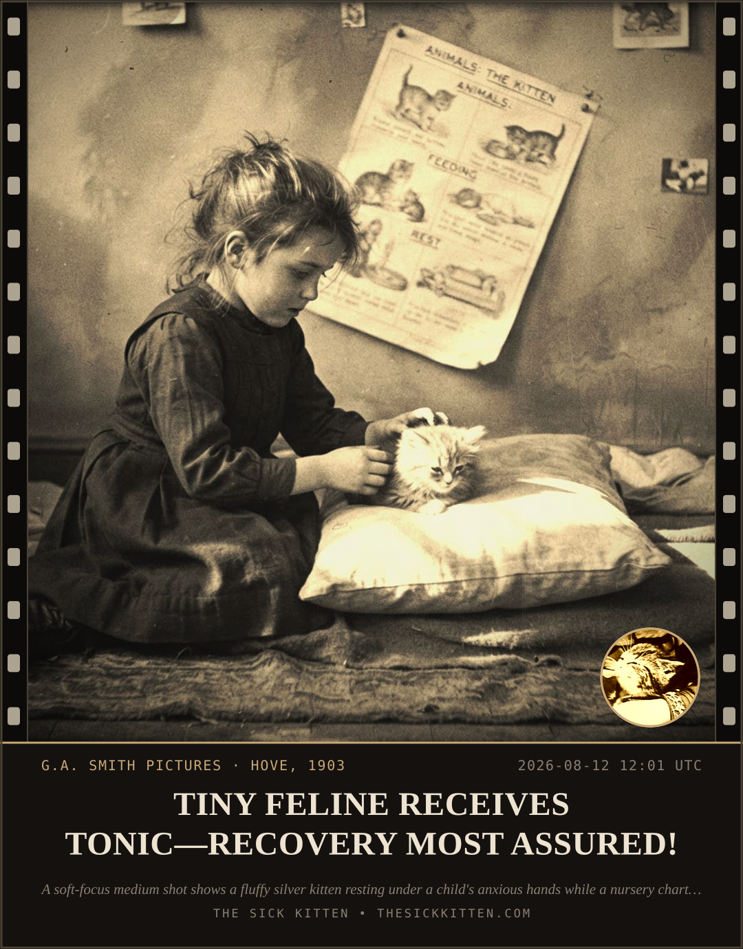 The Sick Kitten, frame no. 881: TINY FELINE RECEIVES TONIC—RECOVERY MOST ASSURED!