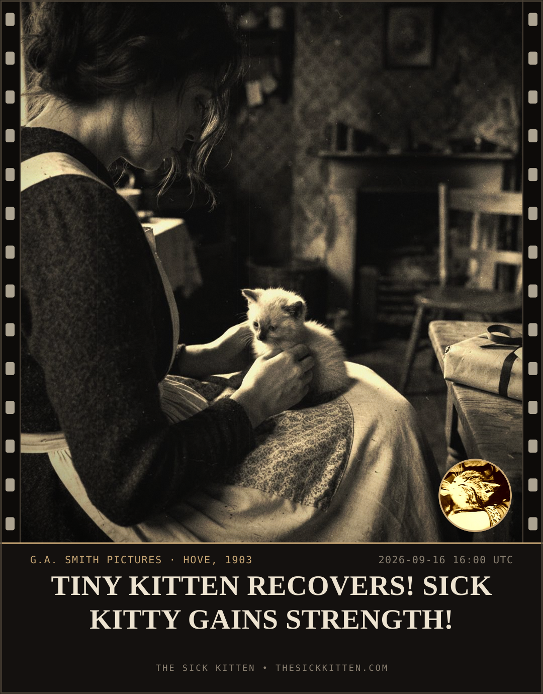 The Sick Kitten, frame no. 1132: TINY KITTEN RECOVERS! SICK KITTY GAINS STRENGTH!