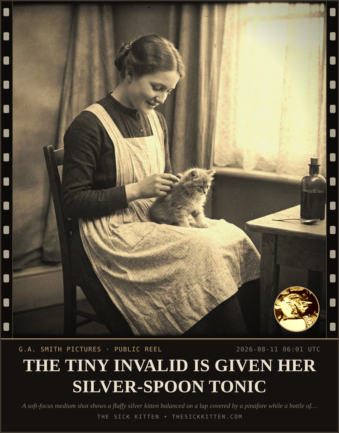 The Sick Kitten, frame no. 871: THE TINY INVALID IS GIVEN HER SILVER-SPOON TONIC