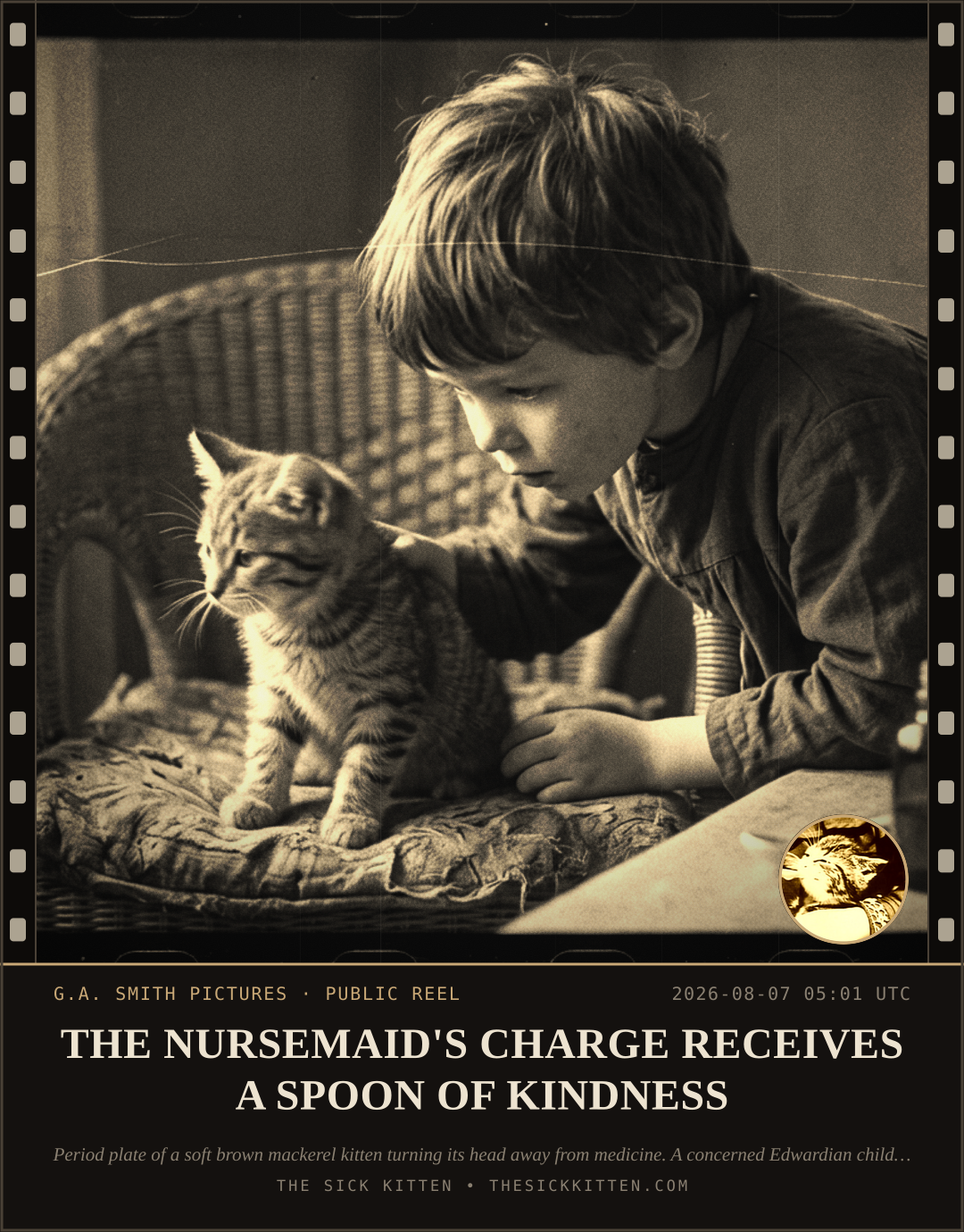 The Sick Kitten, frame no. 783: THE NURSEMAID'S CHARGE RECEIVES A SPOON OF KINDNESS