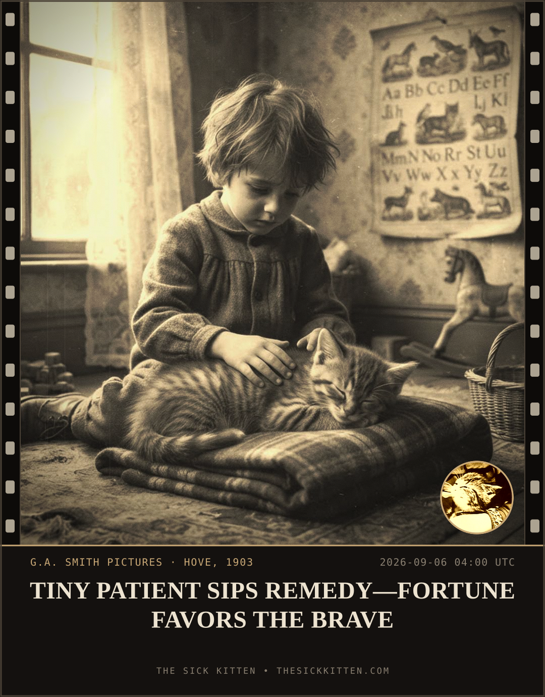 The Sick Kitten, frame no. 1038: TINY PATIENT SIPS REMEDY—FORTUNE FAVORS THE BRAVE