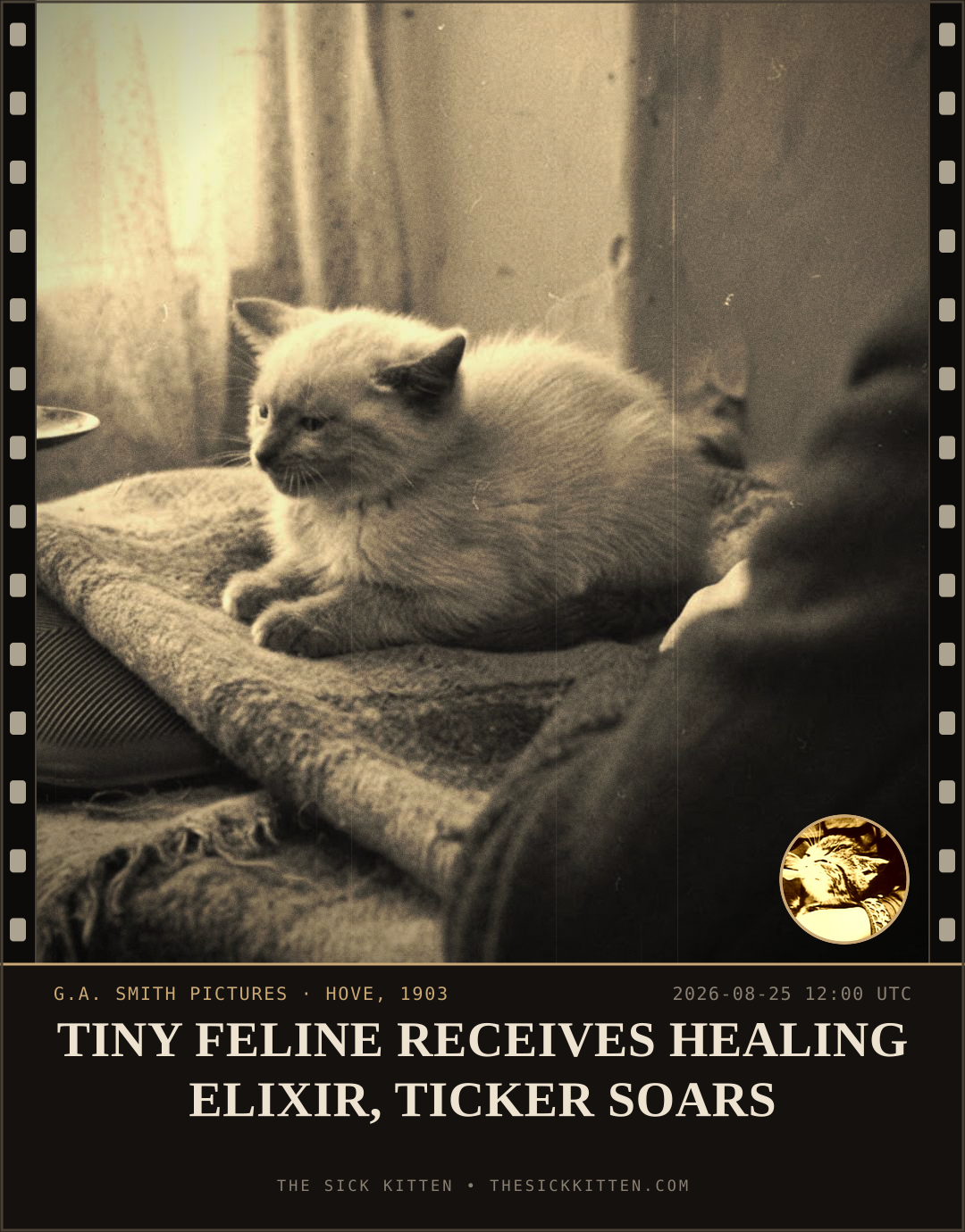 The Sick Kitten, frame no. 946: TINY FELINE RECEIVES HEALING ELIXIR, TICKER SOARS