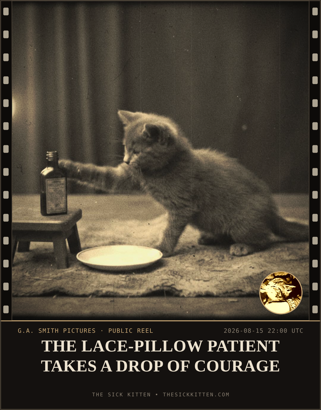 The Sick Kitten, frame no. 910: THE LACE-PILLOW PATIENT TAKES A DROP OF COURAGE
