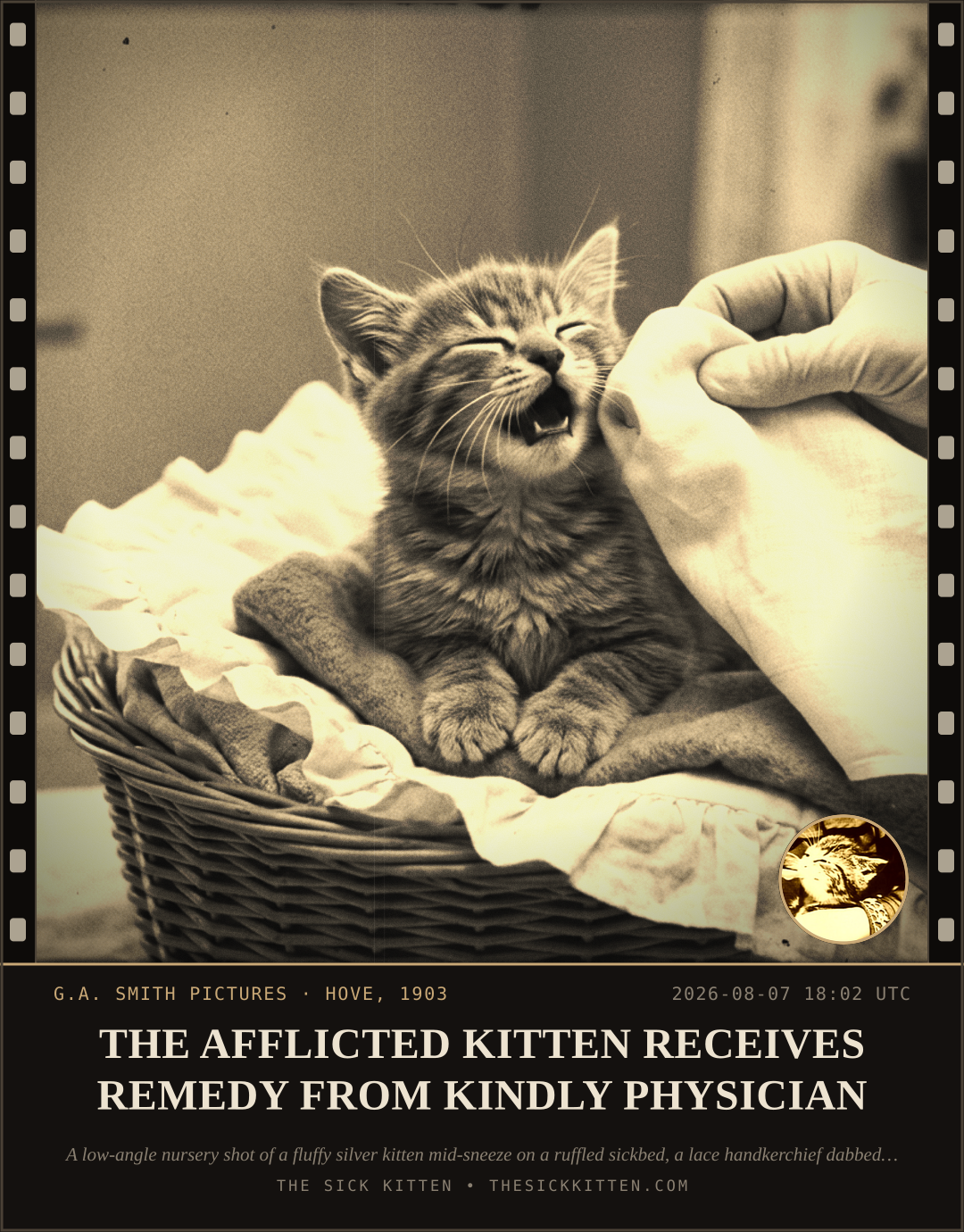 The Sick Kitten, frame no. 807: THE AFFLICTED KITTEN RECEIVES REMEDY FROM KINDLY PHYSICIAN