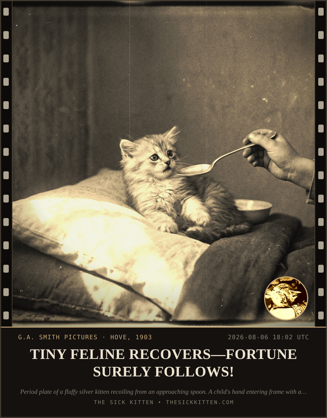 The Sick Kitten, frame no. 762: TINY FELINE RECOVERS—FORTUNE SURELY FOLLOWS!