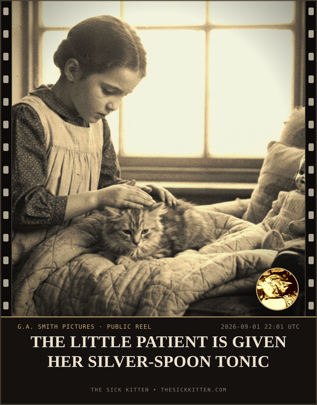 The Sick Kitten, frame no. 1007: THE LITTLE PATIENT IS GIVEN HER SILVER-SPOON TONIC