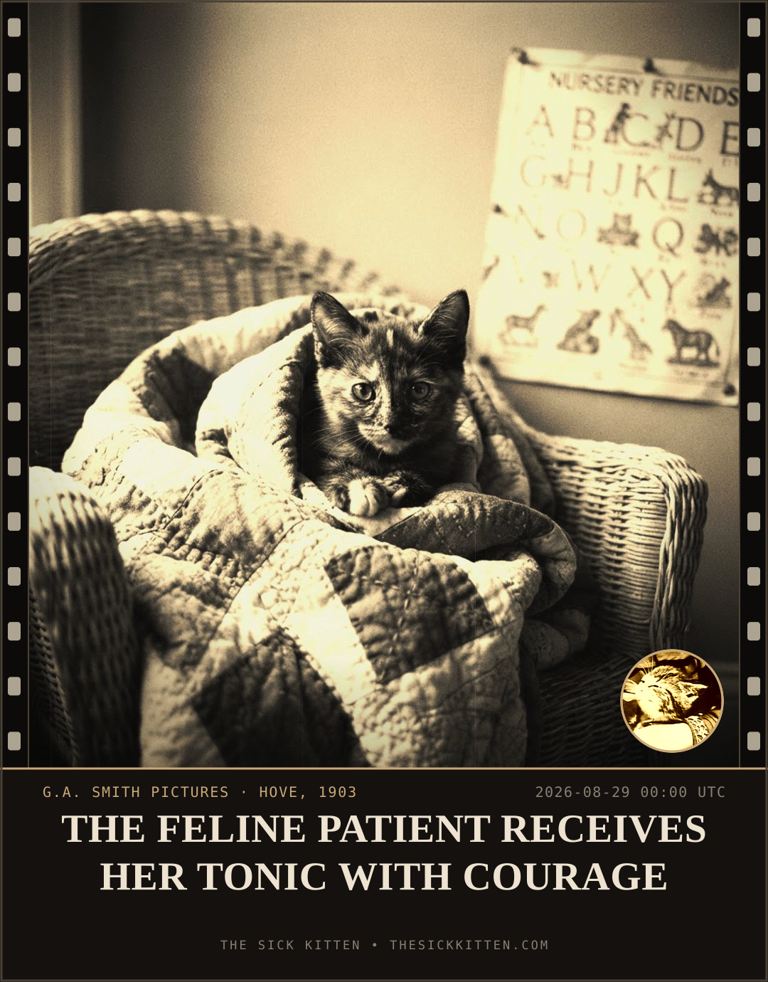 The Sick Kitten, frame no. 976: THE FELINE PATIENT RECEIVES HER TONIC WITH COURAGE