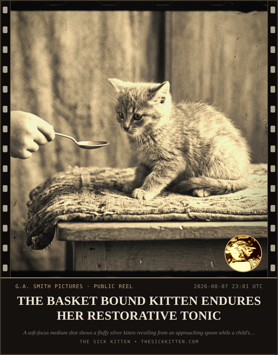 The Sick Kitten, frame no. 816: THE BASKET BOUND KITTEN ENDURES HER RESTORATIVE TONIC