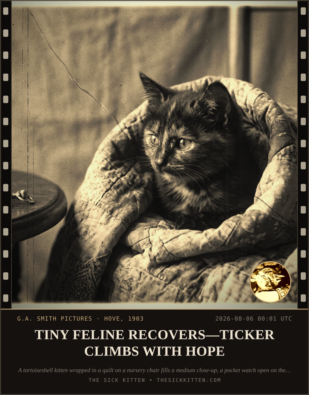 The Sick Kitten, frame no. 726: TINY FELINE RECOVERS—TICKER CLIMBS WITH HOPE