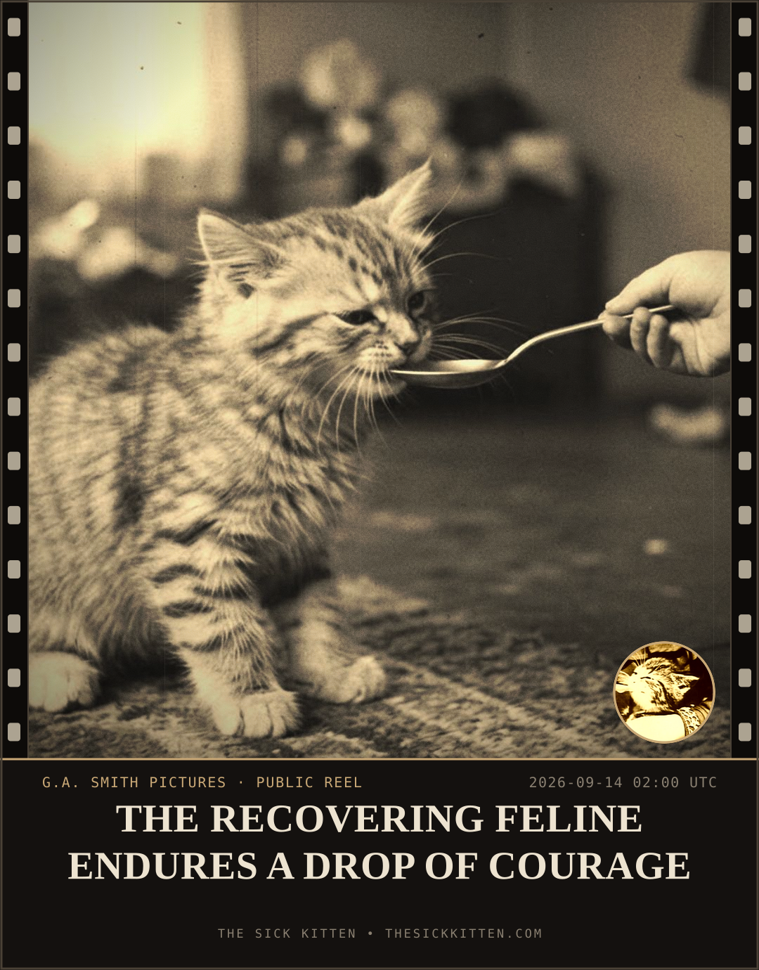 The Sick Kitten, frame no. 1109: THE RECOVERING FELINE ENDURES A DROP OF COURAGE