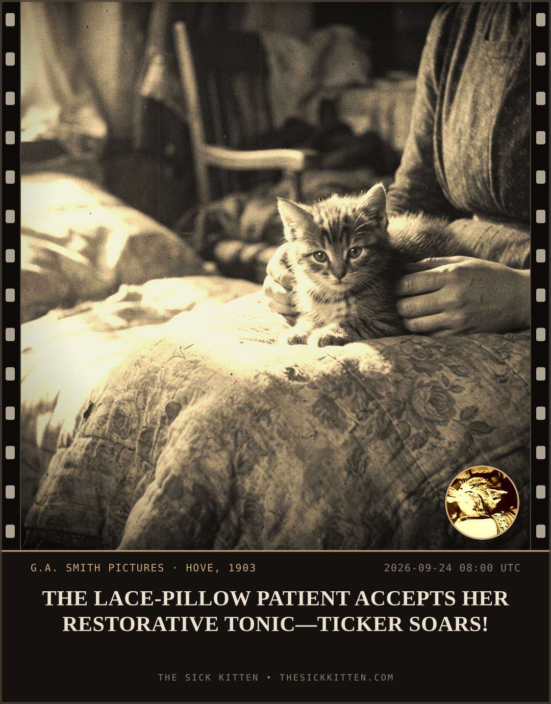 The Sick Kitten, frame no. 1199: THE LACE-PILLOW PATIENT ACCEPTS HER RESTORATIVE TONIC—TICKER SOARS!