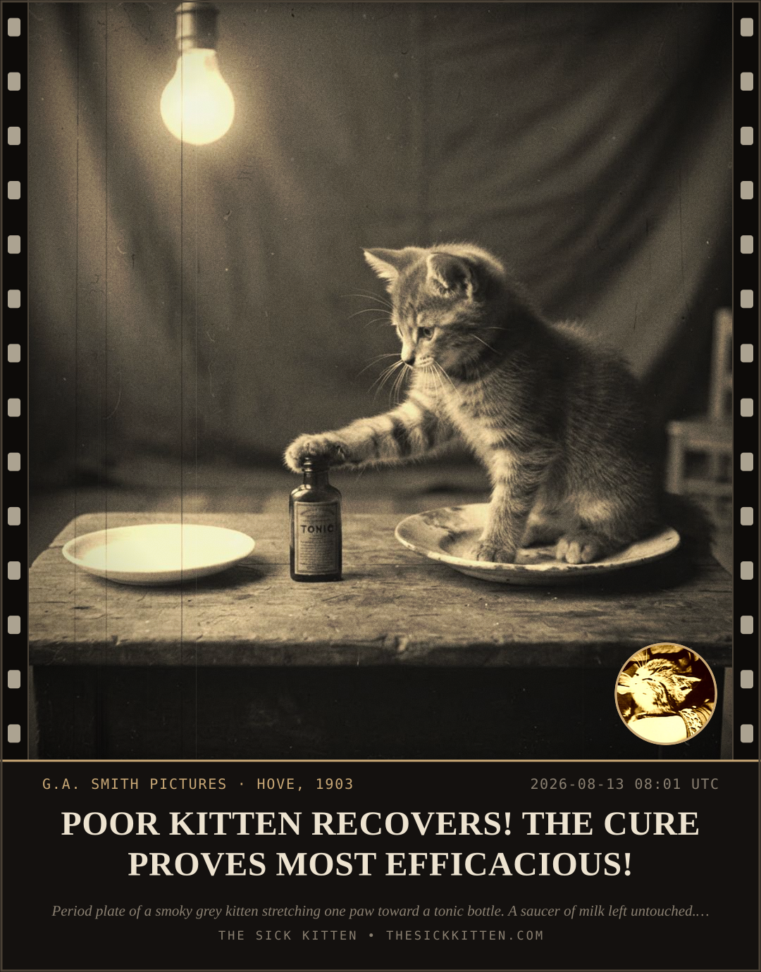 The Sick Kitten, frame no. 891: POOR KITTEN RECOVERS! THE CURE PROVES MOST EFFICACIOUS!
