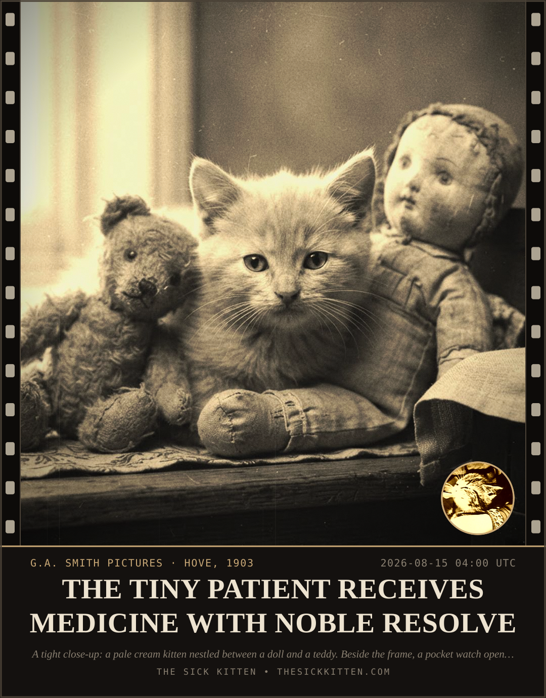 The Sick Kitten, frame no. 904: THE TINY PATIENT RECEIVES MEDICINE WITH NOBLE RESOLVE