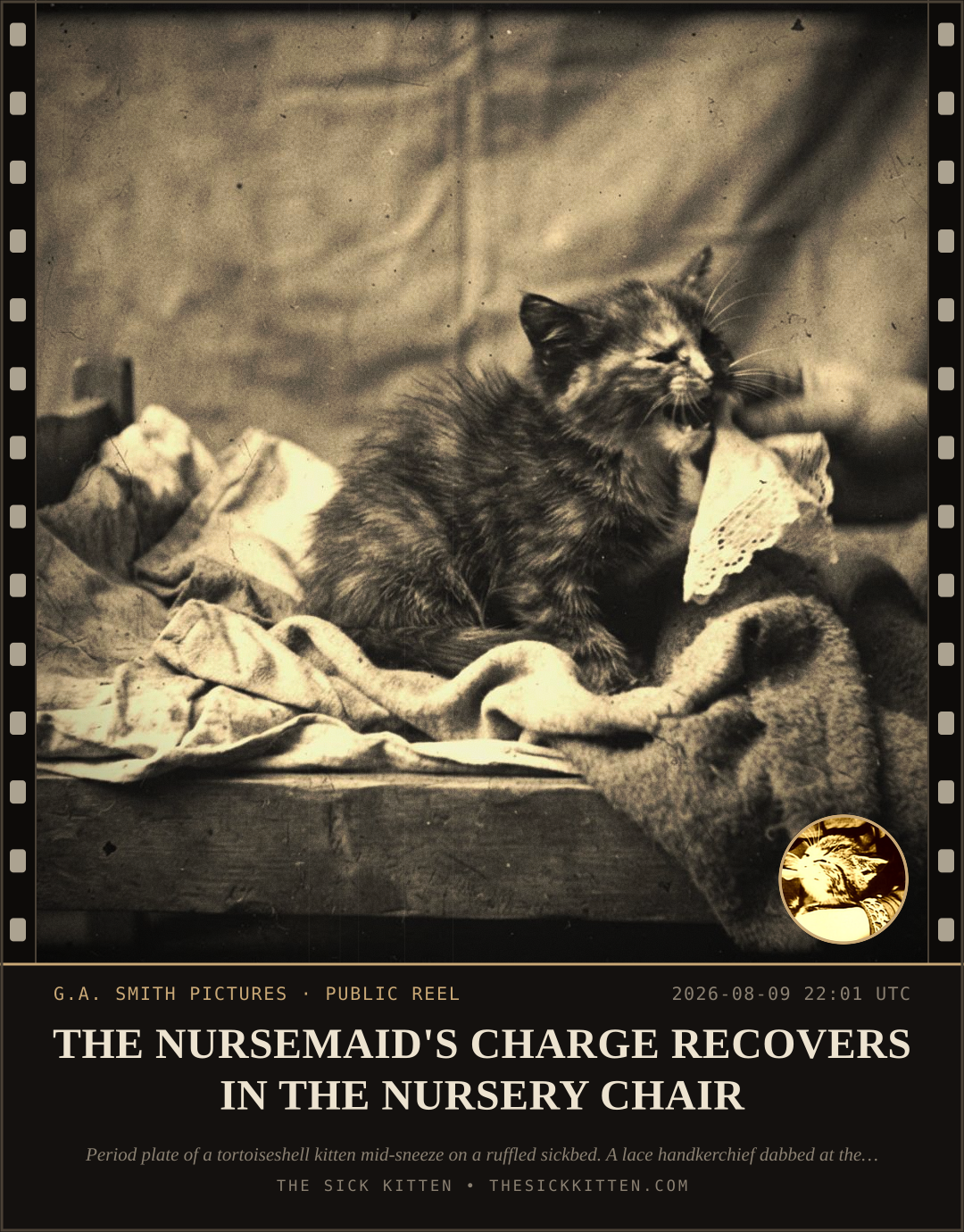 The Sick Kitten, frame no. 857: THE NURSEMAID'S CHARGE RECOVERS IN THE NURSERY CHAIR
