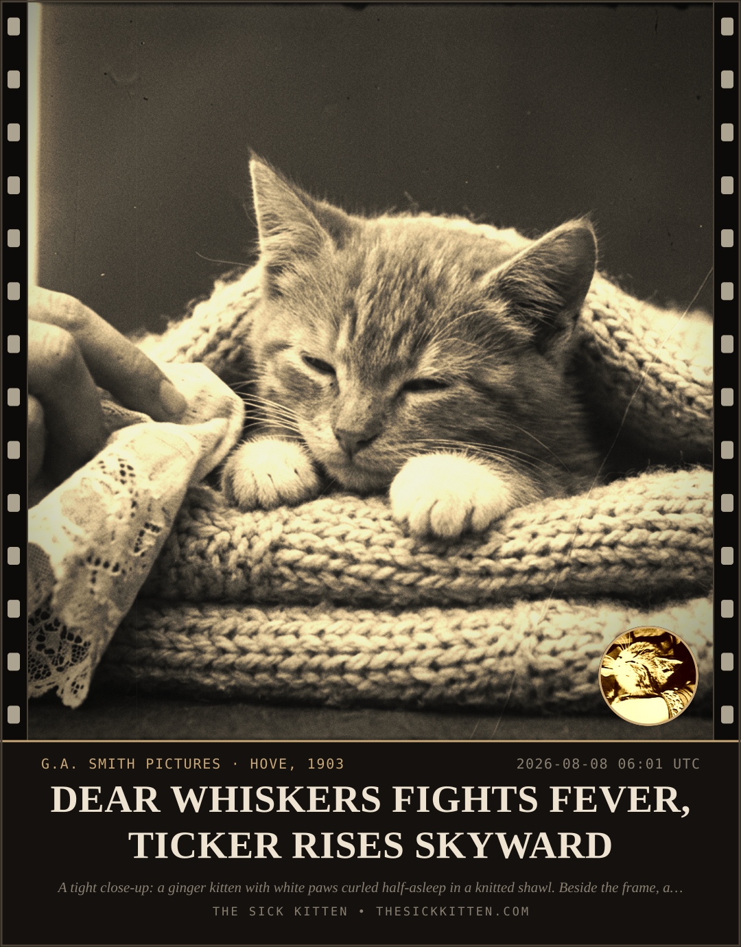 The Sick Kitten, frame no. 831: DEAR WHISKERS FIGHTS FEVER, TICKER RISES SKYWARD