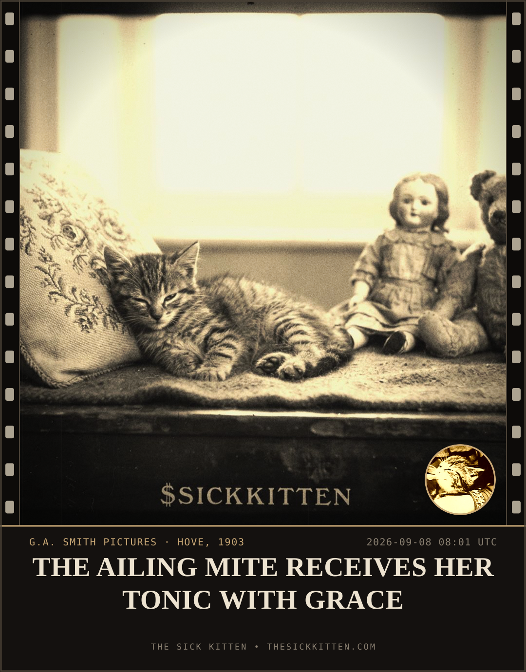 The Sick Kitten, frame no. 1060: THE AILING MITE RECEIVES HER TONIC WITH GRACE