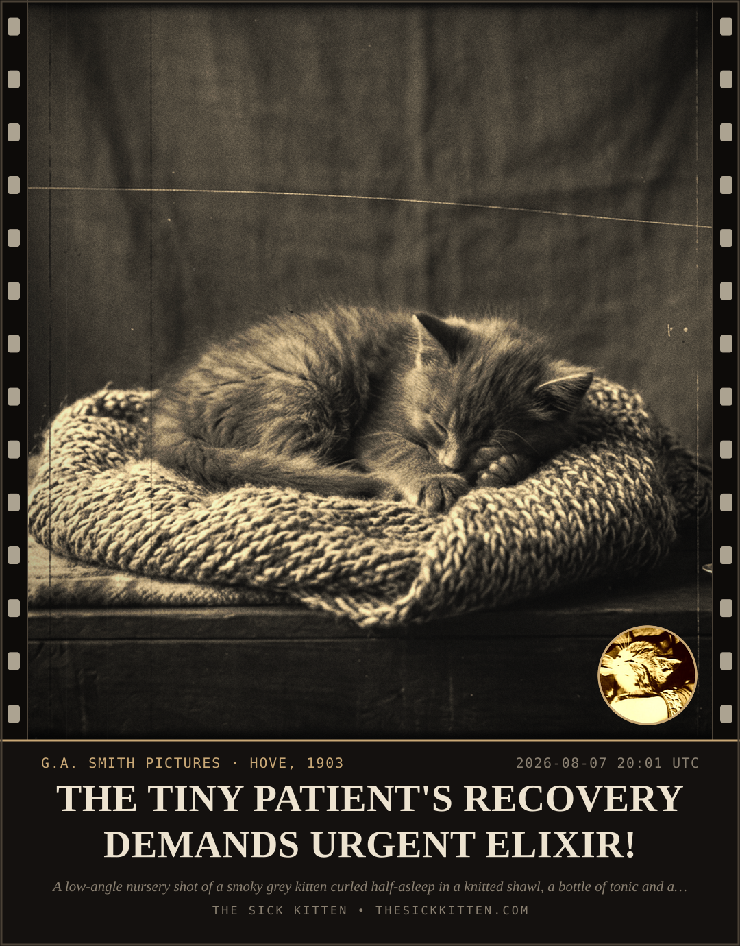 The Sick Kitten, frame no. 810: THE TINY PATIENT'S RECOVERY DEMANDS URGENT ELIXIR!