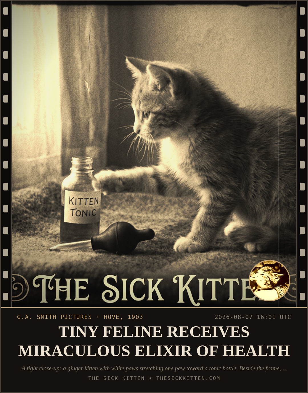 The Sick Kitten, frame no. 802: TINY FELINE RECEIVES MIRACULOUS ELIXIR OF HEALTH