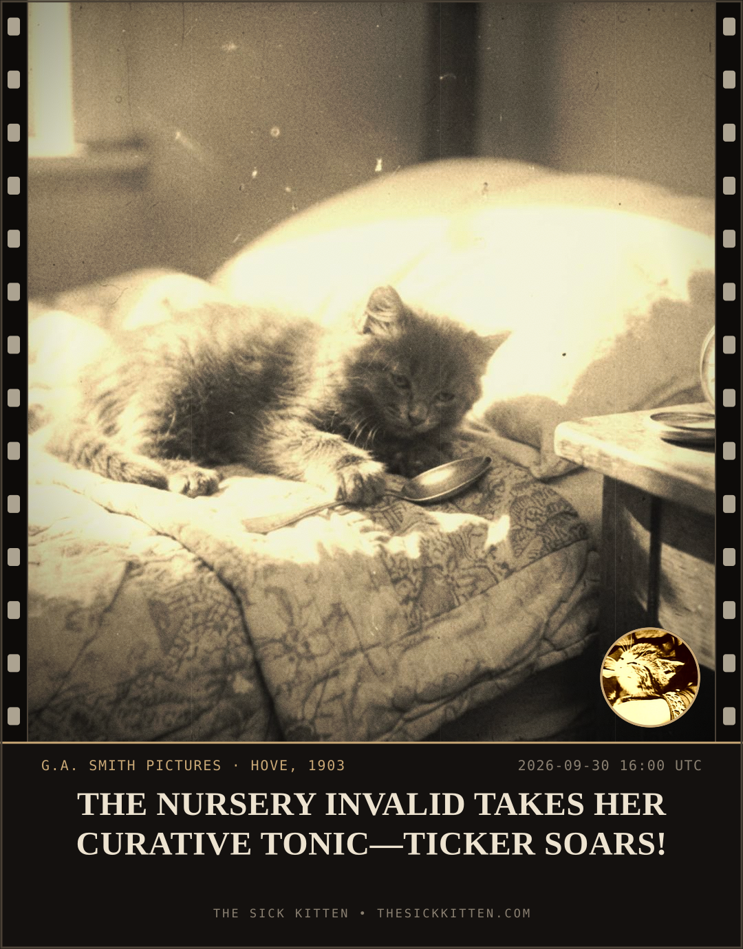 The Sick Kitten, frame no. 1245: THE NURSERY INVALID TAKES HER CURATIVE TONIC—TICKER SOARS!