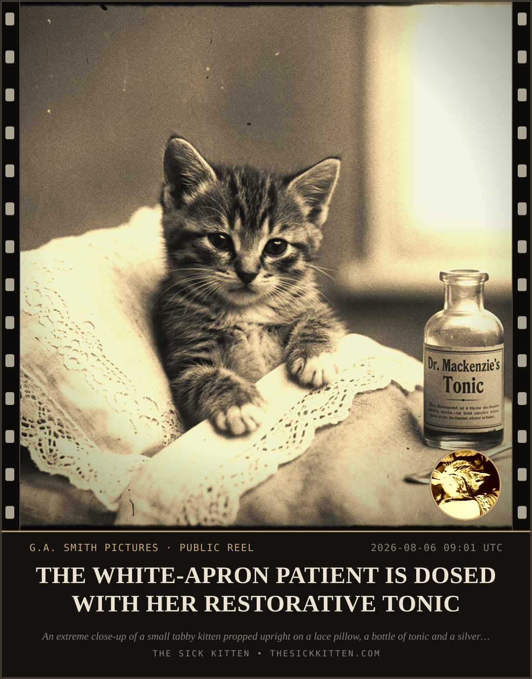 The Sick Kitten, frame no. 743: THE WHITE-APRON PATIENT IS DOSED WITH HER RESTORATIVE TONIC