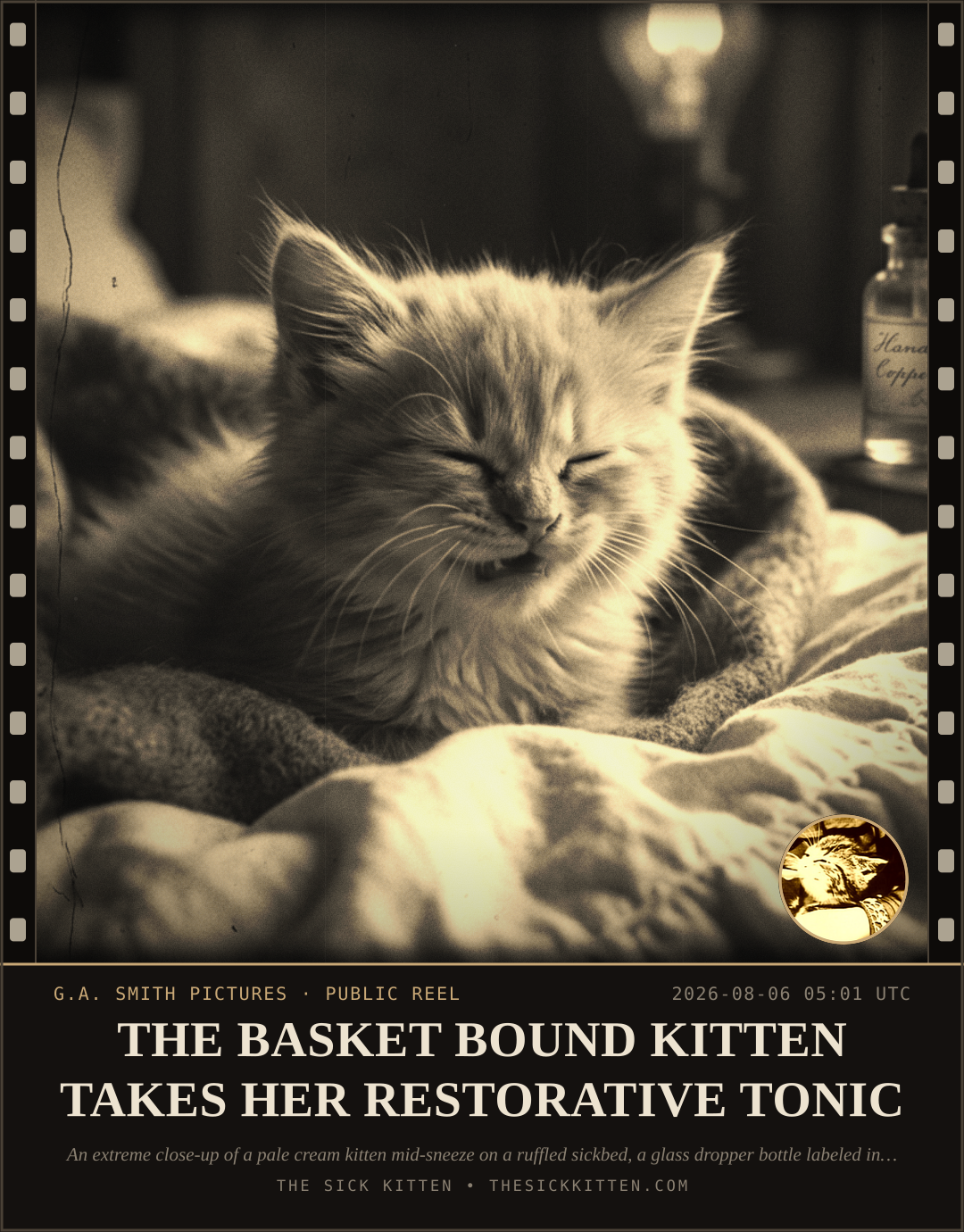 The Sick Kitten, frame no. 737: THE BASKET BOUND KITTEN TAKES HER RESTORATIVE TONIC
