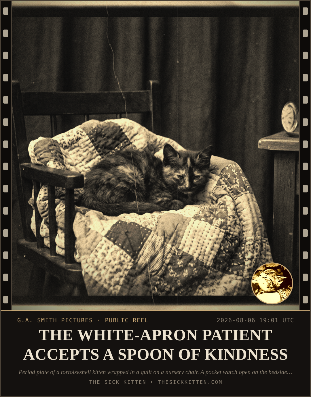 The Sick Kitten, frame no. 763: THE WHITE-APRON PATIENT ACCEPTS A SPOON OF KINDNESS