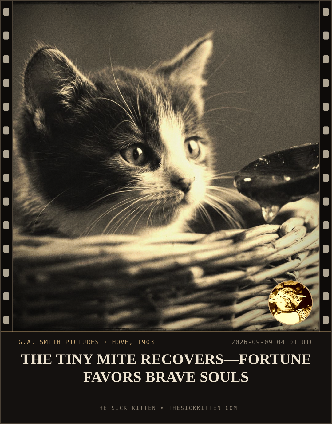 The Sick Kitten, frame no. 1067: THE TINY MITE RECOVERS—FORTUNE FAVORS BRAVE SOULS
