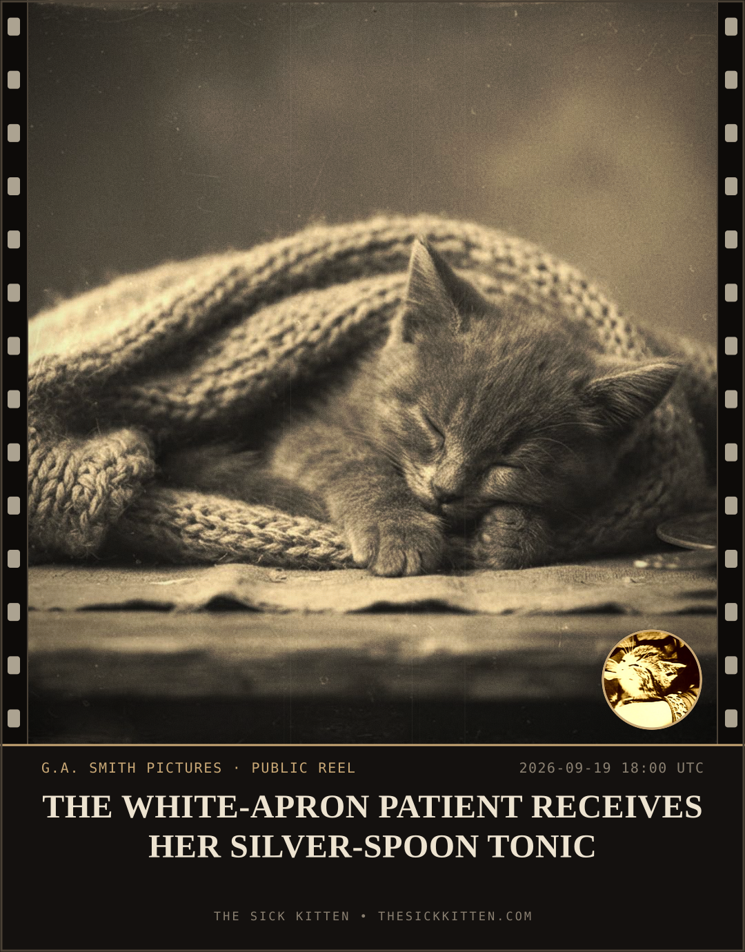 The Sick Kitten, frame no. 1154: THE WHITE-APRON PATIENT RECEIVES HER SILVER-SPOON TONIC