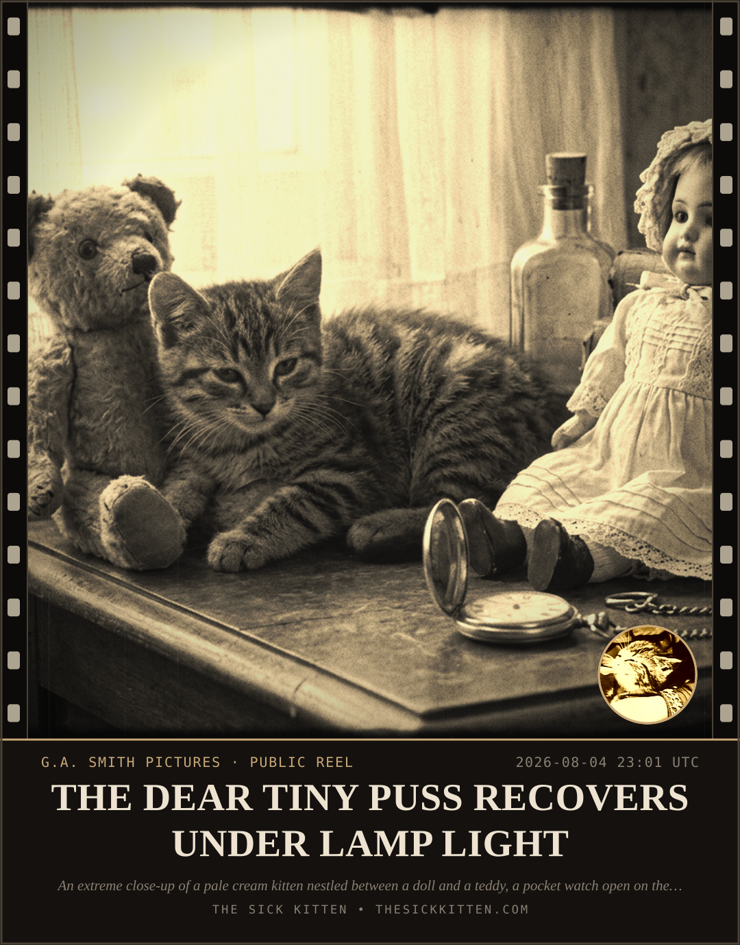 The Sick Kitten, frame no. 681: THE DEAR TINY PUSS RECOVERS UNDER LAMP LIGHT